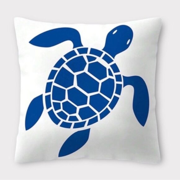 Coastal Pillow Cover Sea Turtle Nautical Graphic Beach 17.7 in Square Blue White - Picture 3 of 16